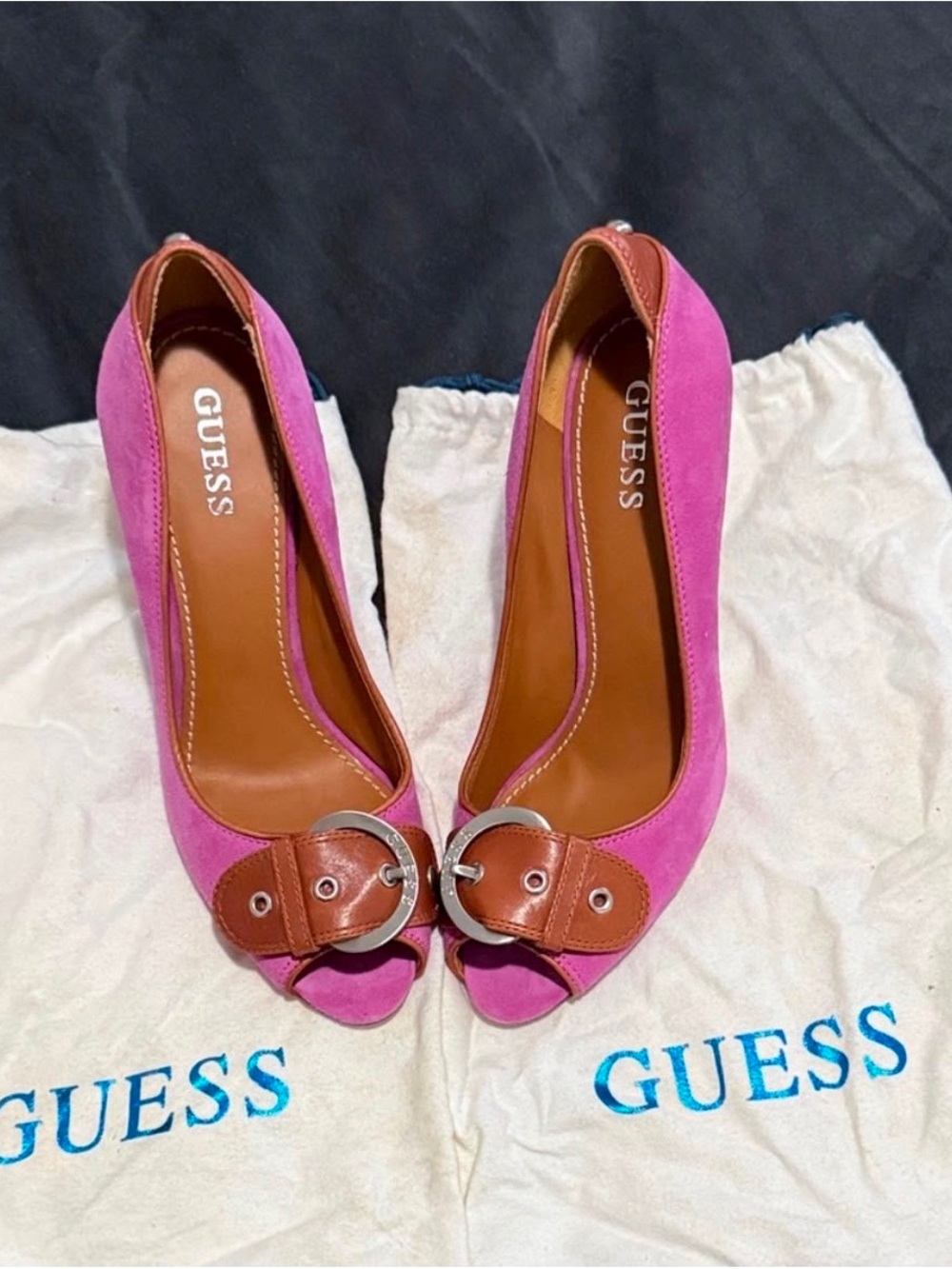 GUESS Pink Suede Peep-Toe Heels with Brown Trim & Buckle - Picture 5 of 7